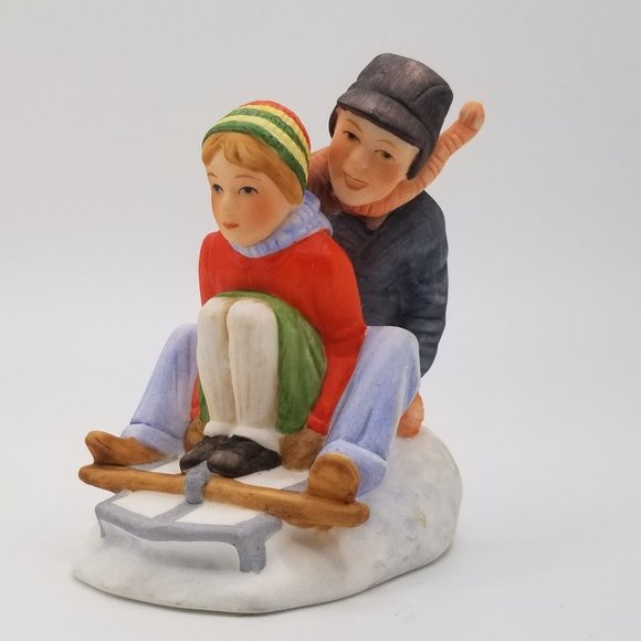 Norman Rockwell Figurine Downhill Daring Sledding 1984 Gorham Calendar Art - Picture 2 of 10